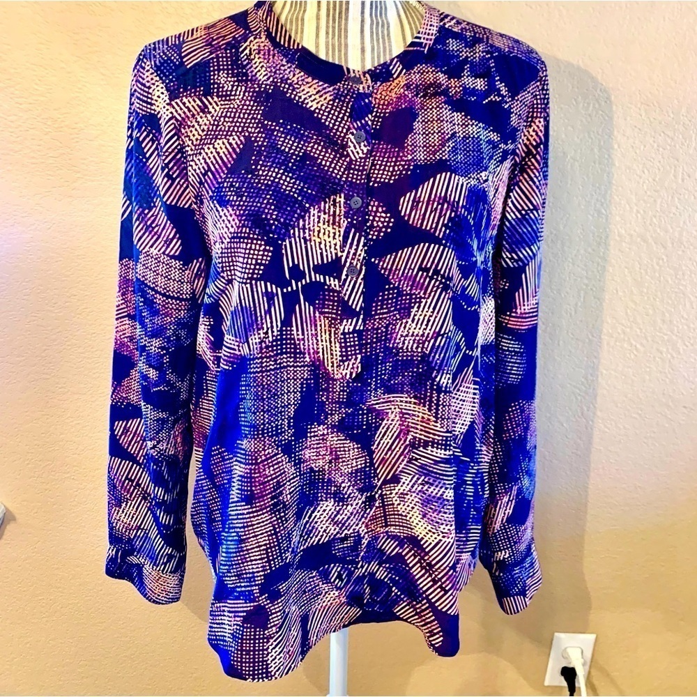 Rebecca Taylor Blue and Pink Abstract Print Long Sleeve Blouse